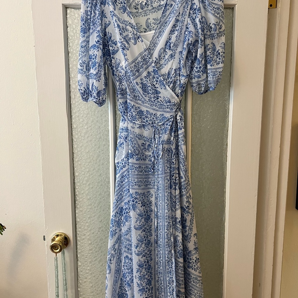 Calvin Klein White and Blue Patterned Maxi Wrap Dress